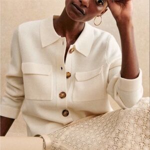 Sezane Betty Cardigan Cream Merino Wool Knit Button Shirt Collar Pocket Sweater